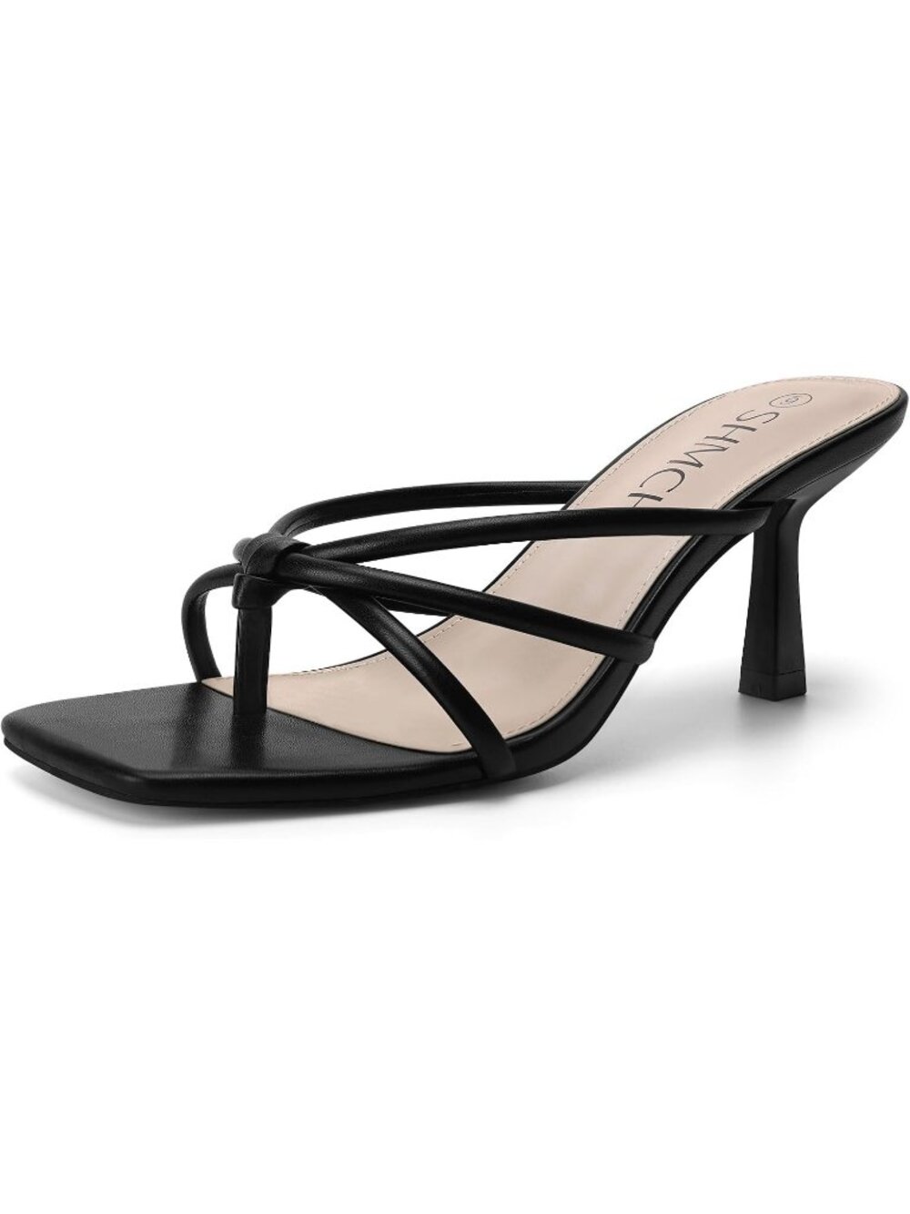 Women's Black Summer Comfortable Square Toe Strappy Thong Slip On Mule Heels